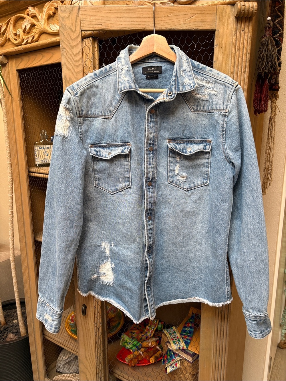 Zara Distressed Denim Shirt Jacket